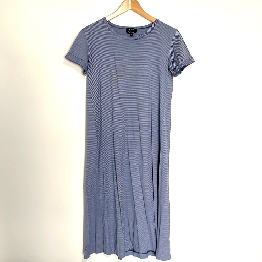 A.P.C Paris Striped Navy Blue White T-Shirt Cotton Jersey Knee Length Dress
